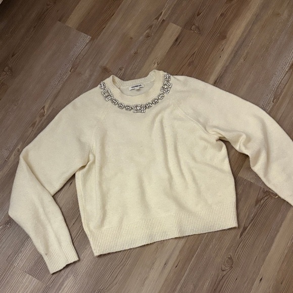 Express Sweaters - Express Cream Sweater with Embellished Neckline